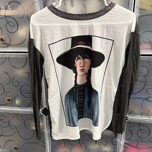 Zara Black and White Long Sleeve Top with Artistic Portrait